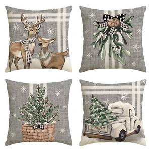 lot 18161 image: AVOIN colorlife Christmas Tree Reindeer Truck Stripes Gray Throw Pillow Covers, 18 x 18 Inch Winter Holiday Cushion Case Decoration for Sofa Couch Set of 4