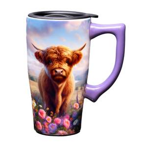 lot 18163 image: Spoontiques - Ceramic Travel Coffee Mug with Lid and Handle - Spill Proof Lid - Double Walled Mug for Hot and Cold Beverages - Microwave and Dishwasher Safe - Highland Cow Travel Mug