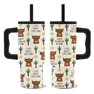 lot 18173 image: Highland Cow Tumbler with Handle 24oz, Insulated Stainless Steel Western Cows Cup, Highland Cow Gifts for Women Teens Cowgirl Farmer Animal Lovers