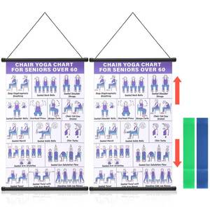 lot 18176 image: JolliLudo 2 Pcs Chair Yoga Wall Chart and 2 Pcs Elastic Band for Seniors Beginners, 31 Yoga Poses Fabric Poster with Hanging Rod & Rope, Foldable, Easy to Display for Home Office Living Room Decor