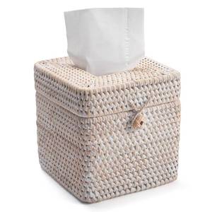 lot 18199 image: Rattan Tissue Box Cover Square, Wicker Tissue Box Holder with Lid, Natural Woven Facial Tissue Holder for Bathroom, Kitchen, Living Room (Whitewash)