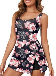 lot 18223 image: Aleumdr One Piece Swimdress Swimsuit for Women Tummy Control Split Swim Dress Skirt Bathing Suit with Pockets Floral Black XX-Large
