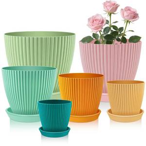 lot 19146 image: SupKing Plant Pots with Drainage Saucers 7.56.76543.5 Inch Set of 6,Plastic Flower Pots Planters with Multi Mesh Drainage Holes Multicolor Nursery Planting Pot for Indoor Outdoor Garden Plants