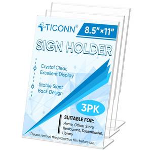 lot 19168 image: TICONN 8.5 x 11 Acrylic Sign Holder, L Shape Clear Sign Stand for Displaying, Plastic Paper Holder for Office, Store, Restaurant (Vertical 3 Pack)
