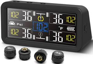 lot 19181 image: Flydew Tire Pressure Monitoring System - TPMS - with 4 Inches LCD Display - 5 Modes Tire Pressure Monitor for RVTrailerTruckSUVMPVSedan, Solar & Type-C Dual Charger TPMS Kit (missing pieces)