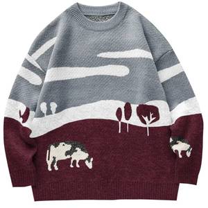 lot 19187 image: Flygo Mens Cow Sweater Harajuku Oversized Sweaters Chunky Casual Knit Pullover Jumper Fall Winter Fashion(Burgundy-XS)