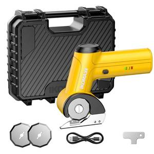 lot 19193 image: KOMAX Cordless Cardboard Cutter,4V Rechargeable Battery with 3 Blades,2000mAh,Storage Box,Electric Box Cutter for Cardboard,Leather,Carpet,Fabric,Plastic - Yellow