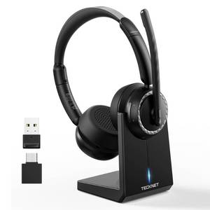 lot 19204 image: TECKNET Wireless Headset, 5.3 ENC Bluetooth Headset with Microphone, Computer Headset Rechargeable, USB Dongle, Charging Base, On-Ear Headphones for TruckerRemote WorkCall Center