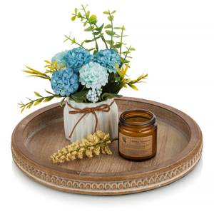 lot 19216 image: Hanobe Round Wooden Tray Decor Decorative Candle Plate Holder Tray for Coffee Table - Rustic Farmhouse Table Centerpiece for Home Living Room Kitchen Counter(Brown)