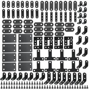 lot 19222 image: 108 PCS Black Carbon Steel Bracket Kit with 288 Screws Including T-Shaped L-Shaped Square-Shaped Strip-Shaped 90-Degree Corner Braces for Wood Furniture Cabinet Metal Flat Straight Mending Plates