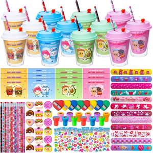 lot 19234 image: DMIGHT 24 Pack Valentines Day Gifts for Kids Classroom, Valentine Stationery Set with Pencils Erasers Stampers Sharpeners Cups School Exchange Boys Girls Party Favors