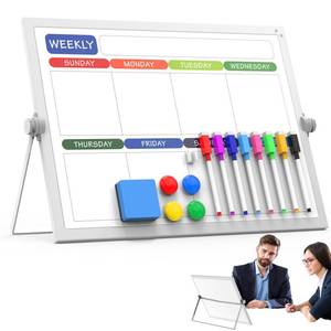 lot 19241 image: Laokiiy Weekly Dry Erase White Board, 16X12IN Magnetic Desktop Whiteboard Calendar with Stand, 8 Markers, 4 Magnets, 1 Eraser, Portable Double-Sided White Board Easel for Kids Memo to Do List Desk