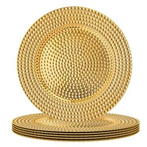 lot 19248 image: MAONAME 13 Gold Charger Plates Set of 6, Plastic Charger for Dinner Plates, Electroplated Plate Chargers, Hammer Round Chargers for Table Setting, Wedding Decor