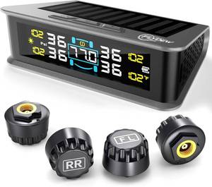 lot 20214 image: Flydew RV Tire Pressure Monitoring System (TPMS) - TPMS sensors Set of 4 & 6 Alarm Modes  SolarUSB Charger  LCD Display  for RVTruckSUVMPVSedan