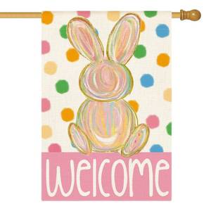 lot 20220 image: AVOIN colorlife Easter Bunny House Flag 28x40 Inch Double Sided Outside, Polka Dots Welcome Holiday Yard Outdoor Flag
