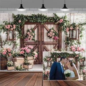 lot 20269 image: 7x5ft Country Wedding Photography Backdrop Floral Rustic Roses Farmhouse Wooden Door Backdrop Pink Flower Birthday Baby Shower Wedding Bridal Party Banner Photo Booth Props Anniversary Background
