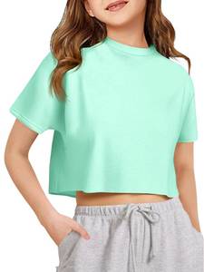 lot 20284 image: Girls Athletic Oversized Crop Tops Kids Drop Shoulder Short Sleeve T Shirts Workout Tees 5-14 Years Blue Green