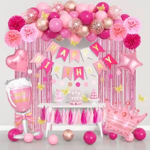lot 2052 image: Pink Birthday Party Decorations for Women Girls, Foil Confetti Rose Gold Hot Pink Balloons Happy Birthday Banner Fringe Curtains Butterfly Decor Circle Dots Tassels Pompoms Mothers Day Party Supplies