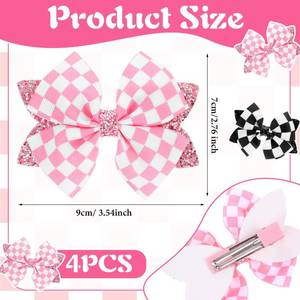 lot 2066 image: 4 Pcs Glitter Pink Checkered Flag Bow for Girls Women, 4 Inch Baby Bows Clips Checker Racing Checkered Flag Hair Bow Clip, Alligator Clips Barrettes Race Fan Car-Themed Birthday Party Gift Accessories