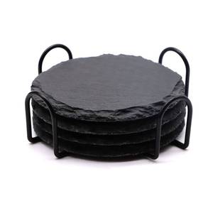 lot 2078 image: 4 PCS Round Slate Drink Coasters Set, SIJDIEE 4 Inch Laser Engraving Black Slate Stone Coasters with Anti-Scratch Bottom and Coaster Holder for Office Bar Kitchen Home Dinner Table Decor Supplies