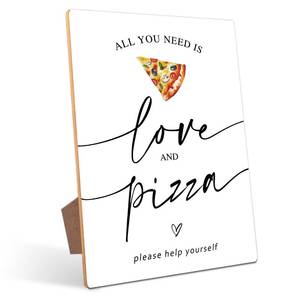 lot 2096 image: Pizza Bar Table Sign - All you need is Love and Pizza, Perfect for Bridal Shower and Baby Shower, Summer Wedding Decorations, Graduate, Retire, 8�11 Wooden Party Sign with Stand