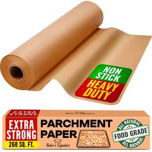 lot 2099 image: 260 Sq.Ft Unbleached Parchment Paper for Baking �� Roll with Cutter, Heavy Duty Non-Stick Brown Parchment for Baking, Cooking, Grilling, Steaming and Air Fryer, 15in x 210ft by Baker��s Signature