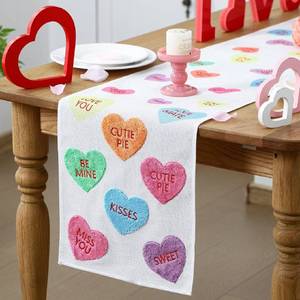 lot 2103 image: Frienda Valentines Day Table Runner Conversation Heart Plush Faux Fur Jacquard Table Runner Candy Heart Home Decoration for Dining Kitchen Anniversary Home Party, 13 x 72 Inch