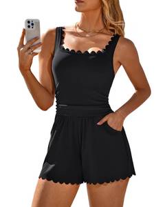 lot 2105 image: Charmo Ribbed Tummy Control Modest Bathing Suit Women Slimming 1 Piece Swimsuit with Shorts Cute Romper Swimsuit Black XL