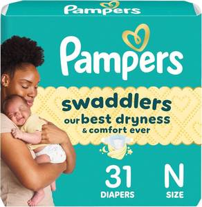 lot 2136 image: Pampers Baby Diapers - Swaddlers - Size 0, 31 Count, Ultra Absorbent Disposable Newborn Diaper