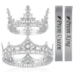 lot 2140 image: Retrowavy 4 Pcs Prom King and Queen Crown Set with Sashes Graduation Party School Accessories Prom Queen and King Sashes (Silver)