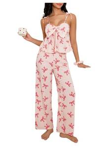 lot 2144 image: SHENHE Womens Bow Pajamas Set 2 Piece Babydoll Tank Cami and Pants Sleepwear Coquette Pjs Pink Medium