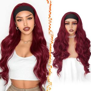 lot 2146 image: BARSDAR Long Wavy Burgundy Headband Wig - 26 Inch Burgundy Red Loose Body Wave Headband Wig for Women - Synthetic Wear and Go Glueless Soft Lightweight Natural Looking Easy Wear Wigs