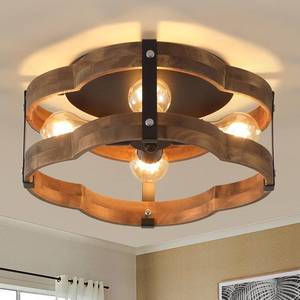 lot 3430 image: 4-Light Rustic Farmhouse Wood Flush Mount Ceiling Light Fixture 14.17 inch Oak Wood and Metal Cloud Cage Semi Flush Mount Ceiling Light for Hallway Hall Entry Bedroom Farmhouse Indoor, Black
