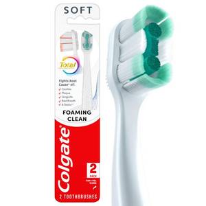 lot 4033 image: Colgate Total Active Prevention Foaming Clean Soft Toothbrushes, Soft Bristle Toothbrush Pack for Plaque Removal, Helps Reach Deeper Along The Gumline and Between Teeth, White, 2 Pack