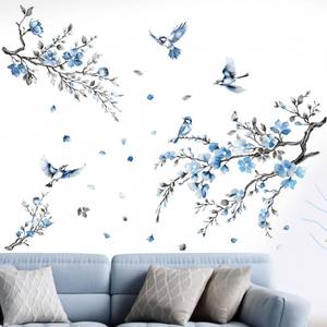 lot 4045 image: Cherry Blossom Wall Stickers for Bedroom Peel and Stick Flower Bird Blue Floral Tree Branch Wall Decals - Living Room Office Bathroom