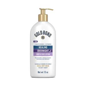 lot 4049 image: Gold Bond Healing Overnight Body & Face Lotion for Dry Skin, Nongreasy Moisturizer with Hyaluronic Acid, Aloe & Melatonin Works While You Sleep, 13 oz.