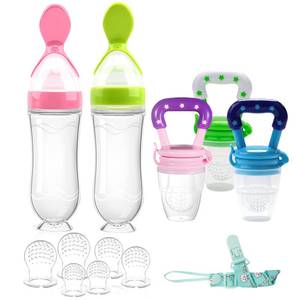 lot 4051 image: Food Feeder Baby Fruit Feeder Pacifier (3 Pcs) with 6 Different Sized Silicone Pacifiers,Silicone Baby Food Dispensing Spoon 90ML with 2 Babies Spoons Pacifier Clip Infant Fruit Teething Feeders-Pink