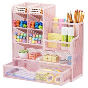 lot 4089 image: Marbrasse Mesh Desk Organizer with Drawer, Multi-Functional Pencil Organizer, 12 Compartments, Pink, Modern, Minimalist