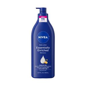 lot 4134 image: NIVEA Essentially Enriched Body Lotion for Very Dry Skin with Hyaluronic Acid, Almond Oil and Deep Nourishing Serum, 72-Hour Body Moisturizer, 16.9 Fl Oz Pump Bottle Been opened and some is spilled