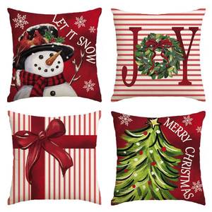 lot 4137 image: AVOIN colorlife Merry Christmas Let It Snow Joy Stripes Gift Box Red Throw Pillow Covers, 18 x 18 Inch Xmas Tree Holiday Cushion Case Decoration for Sofa Couch Set of 4