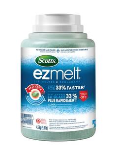 lot 4142 image: Scotts ezmelt Ice Melter, Salt and Calcium Chloride Ice Melt, Use on Hard Surfaces, Melts Ice Fast, 9.9 lb. Container is half full