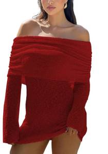 lot 4145 image: Red Sexy Knit Dress for Women Long Sleeve Off Shoulder Knitted Dress Lightweight Vacation Resort Plus Size Dresses