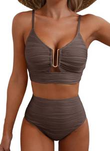 lot 4162 image: Herseas Women Two Pieces Textured Ruched Bikini Set Push Up V-Wired Cutout Bathing Suits High Waisted Spaghetti Straps Swim Suit Beautiful Flattering Beach Outfits Deep Brown Small