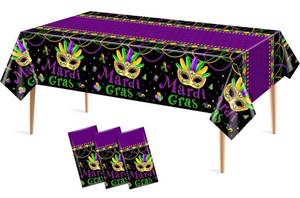 lot 4175 image: 3Pcs Mardi Gras Tablecloth Set Masquerade Disposable Plastic Table Cover Classic Purple Green Gold Waterproof Table Cloth for Mardi Gras Parties New Orleans Celebration Carnival Party Supplies