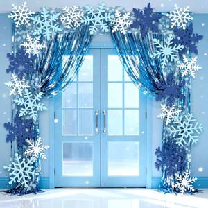 lot 4195 image: Hahafelt 27 Pcs Winter Snow Entryway Door Decor Wonderland Party Door Decoration Ice Snow Themed Decoration Snowflake Cutouts Blue Streamers Mesh for Birthday Celebration Supplies
