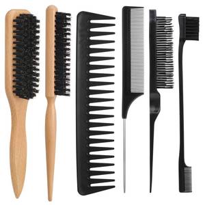lot 4205 image: 6PCS Boar Bristle Slick Back Hair Brush with Edge Brush Rat Tail Comb, Wide Tooth Comb for Men Women