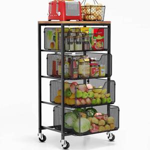 lot 5451 image: Goovilla Kitchen Cart with Drawers, 4 Tier Metal Rolling Utility Cart Organizer on Lockable Wheels with Wooden Top, Black Fruit Vegetable Storage Rack Also for Cans, Snack, Craft, Art, Office, Beauty