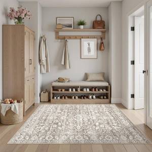 lot 5454 image: Soalmost 3x5 Area Rugs for Entryway,Washable Vintage Low Pile Non-Slip Throw Area Rugs, Accent Rug Floral Print Indoor Mat for Bedside Living Room Kitchen Bedroom Light Brown