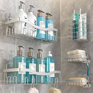 lot 5460 image: Youvip Adhesive Shower Caddy, No Drilling Bath Organizers 5 Pack, Rustproof Shelves with Soap Holder & Toothbrush Holder, Bathroom Organizers and Storage, Silver