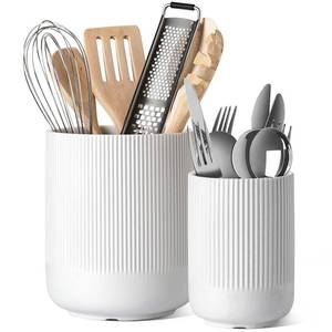 lot 5468 image: LE TAUCI Utensil Holder for Kitchen Counter, 7.35.4 Fluted Ceramic Utensil Crock Organizer for Countertop, Heavy Large Holder for Spatulas, Spoons, Set of 2, White, Kitchen Counter Decor